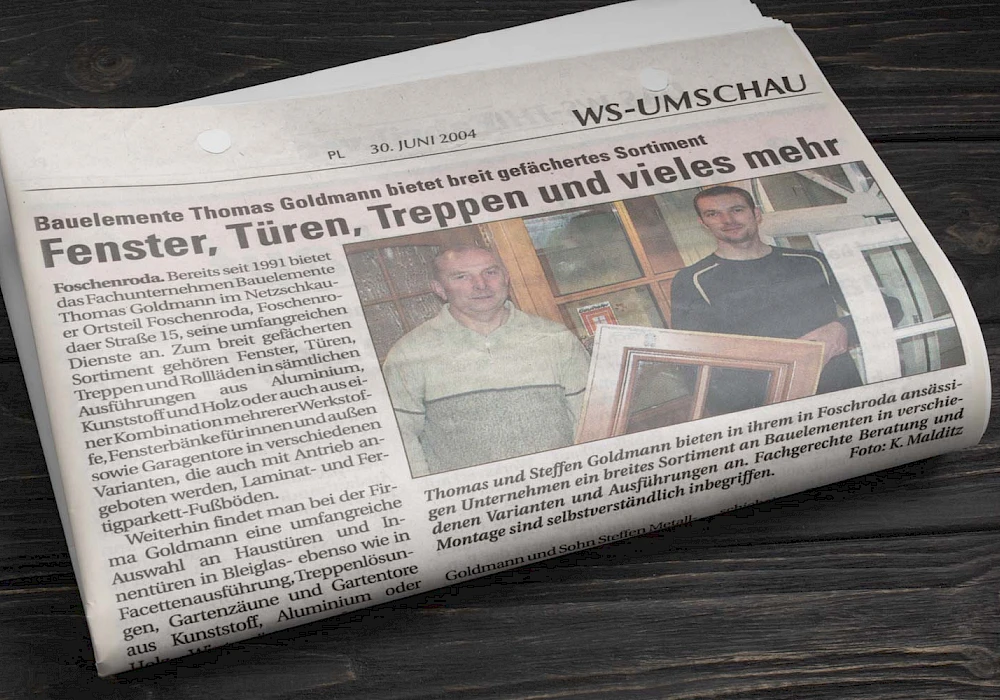 Zeitungsanzeige mit Artikel über Bauelemente Goldmann
